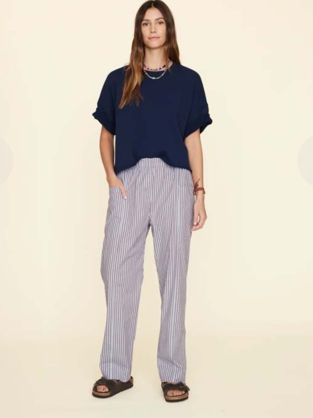 Xirena Blue and Plum Striped Elastic-Waist Cotton Pants
